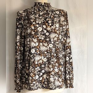 Anne Klein Floral Print Pullover Top Black Gold White NEW SzL Elastic Neck Wrist